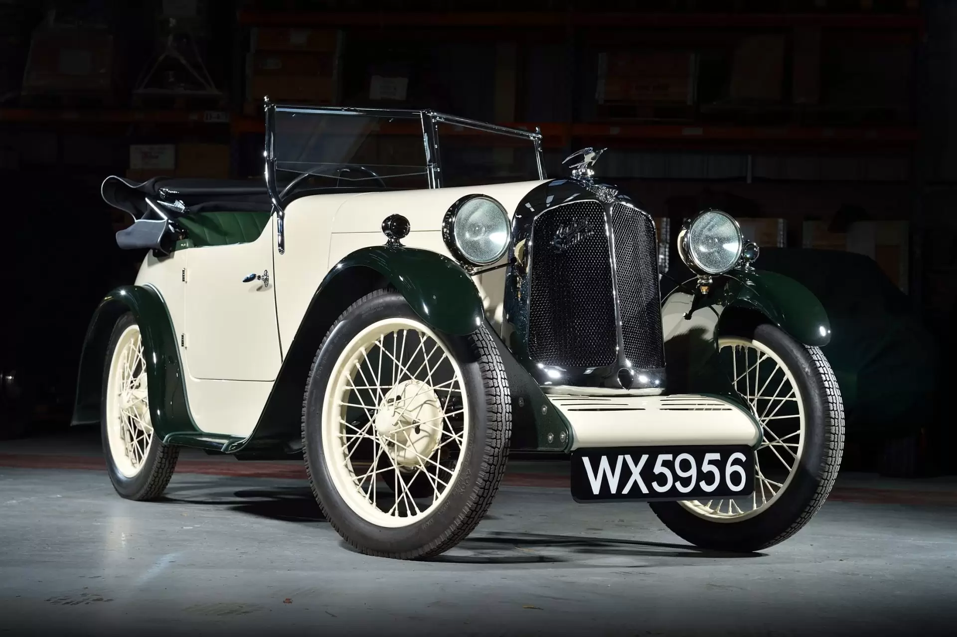 Front side view of Austin 7 Swallow with convertible roof collapsed