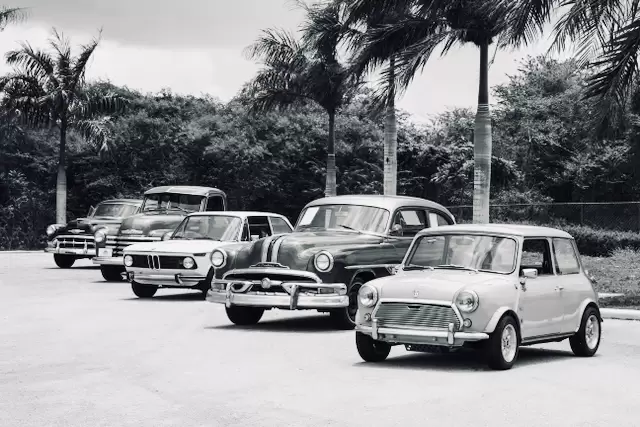 Line of classic cars at car show