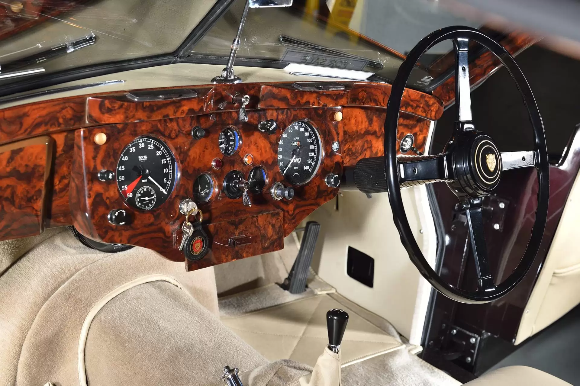 Dashboard and steering wheel in classic Jaguar car