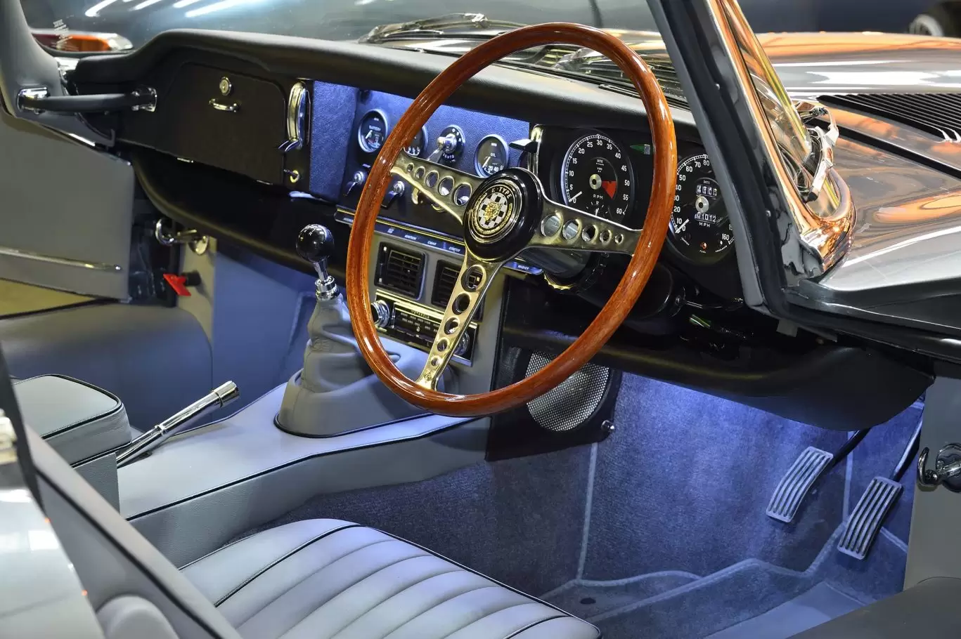 LED lighting and grey interior of Jaguar E Type